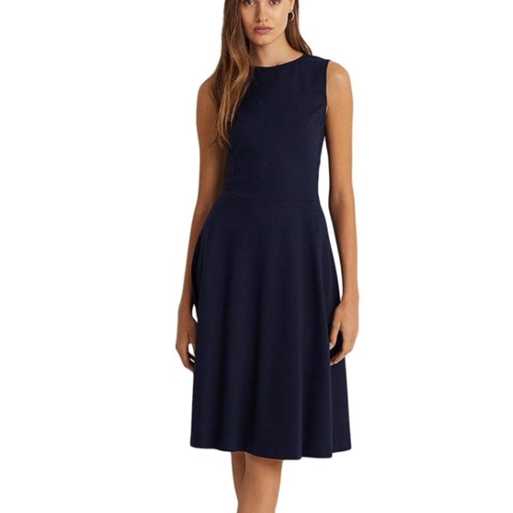 50%offw❤️ Lauren RL Drop Waist Fit & Flare Dress navy Ponte sleeveless #78
